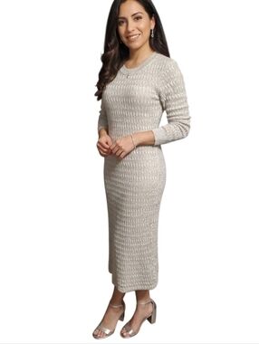 Gap Sparkly Silver Metallic Knit Long Sleeve Midi Dress Size Large